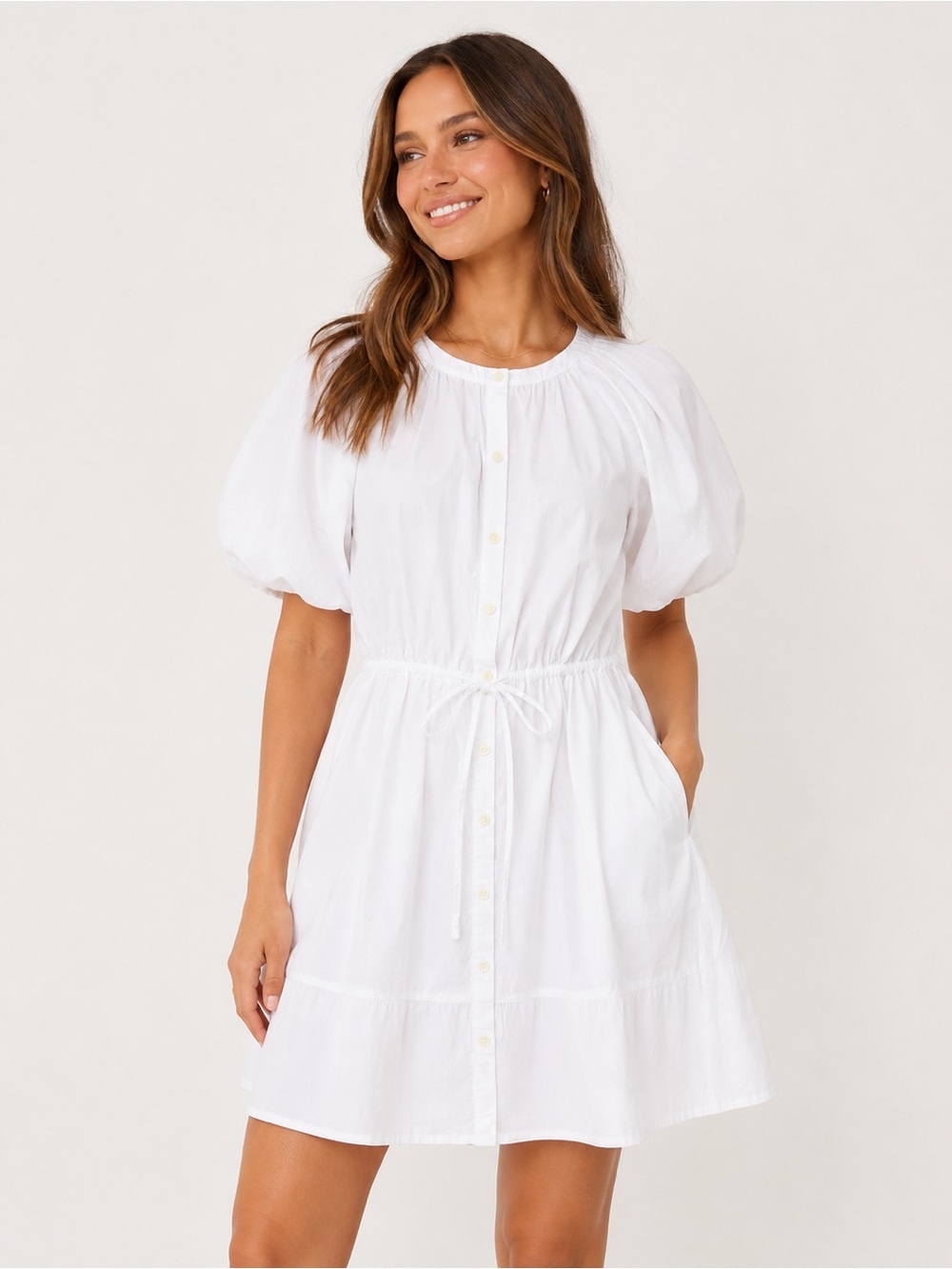 STAUD White Cotton Linen Puff Sleeve Button Front Mini Dress Small Coastal